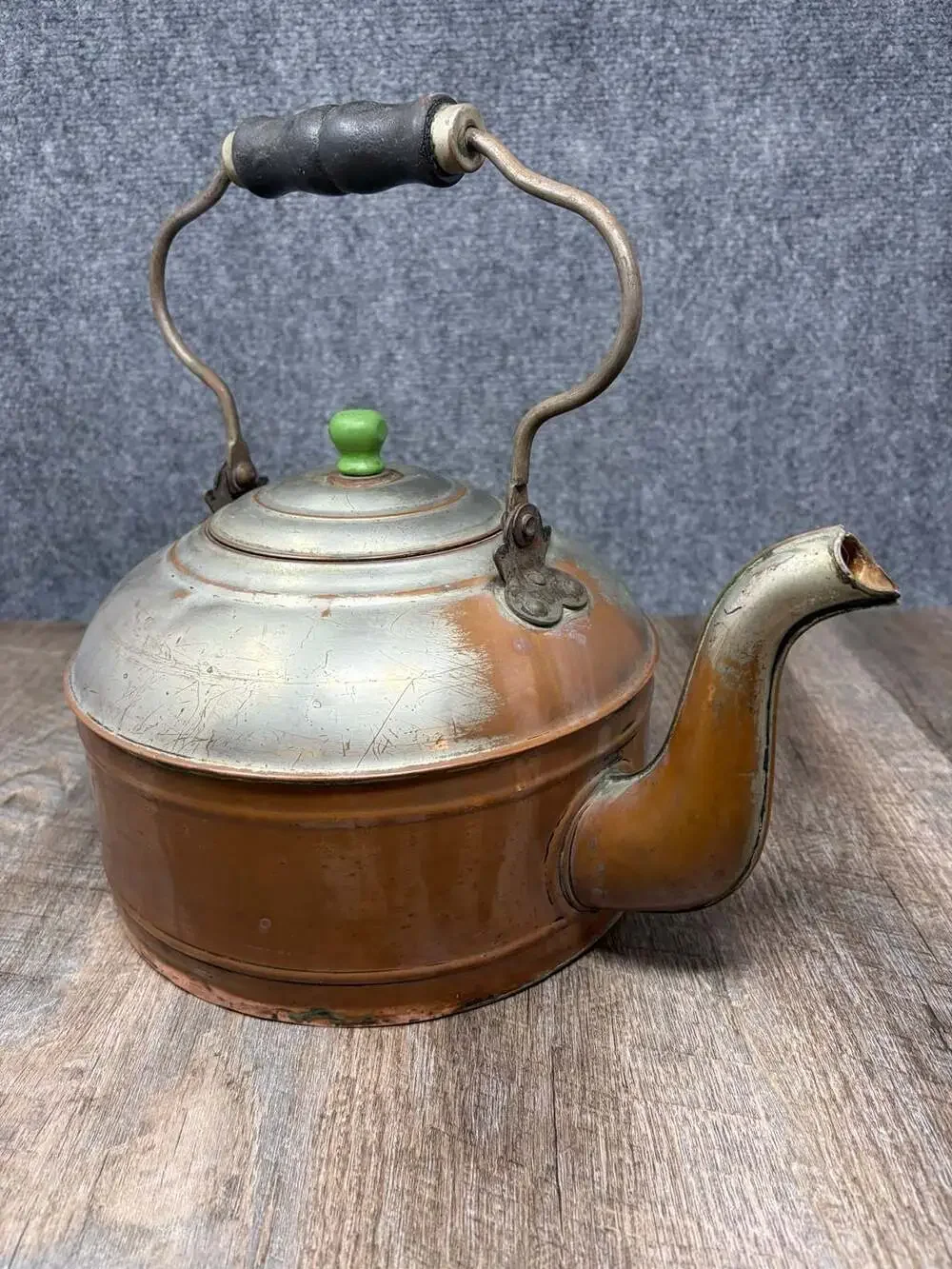 Antique Rome Copper and Nickel Plated Tea Kettle with Green Knob and Wood Handle